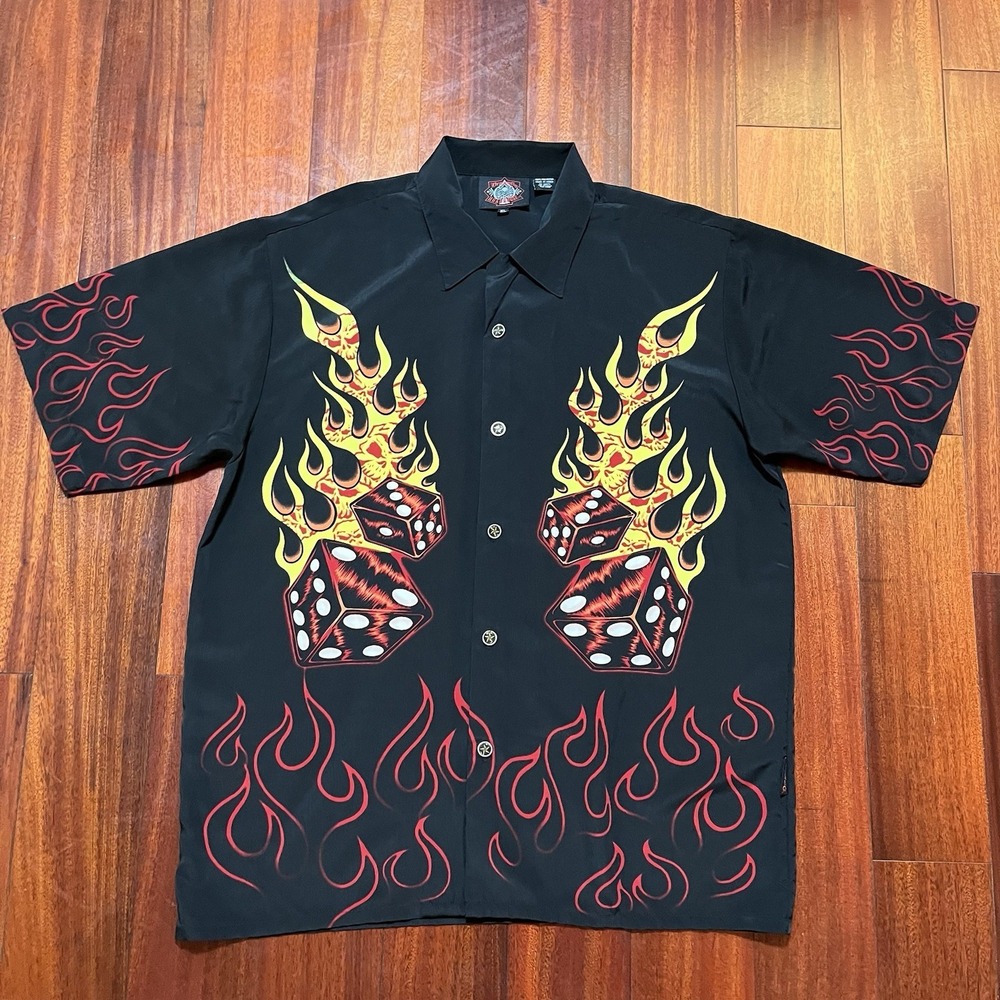 DRAGONFLY ROADHOUSE Shirt Mens Extra Large Black FLAMES Dice Graphic Grunge Bike